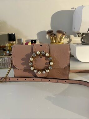 Miu Miu Dusty Pink Pearl & Crystal Circle Buckle Crossbody